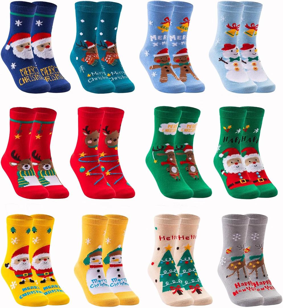 MarJunSep 12 Pairs Kids Christmas Socks Gifts Stocking Stuffers Boys Girls Toddlers Colorful Cute Cotton Holiday Socks (3-5T)