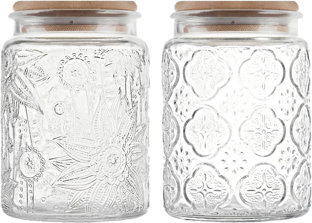Glass Storage Jars With Airtight Lid, 23.7oz Canister For Kitchen Counter with Bamboo Lid, brown sugar, candy, coffee, cookie, salt, tea,pantry cute Jar (Begonia & Sunflower)