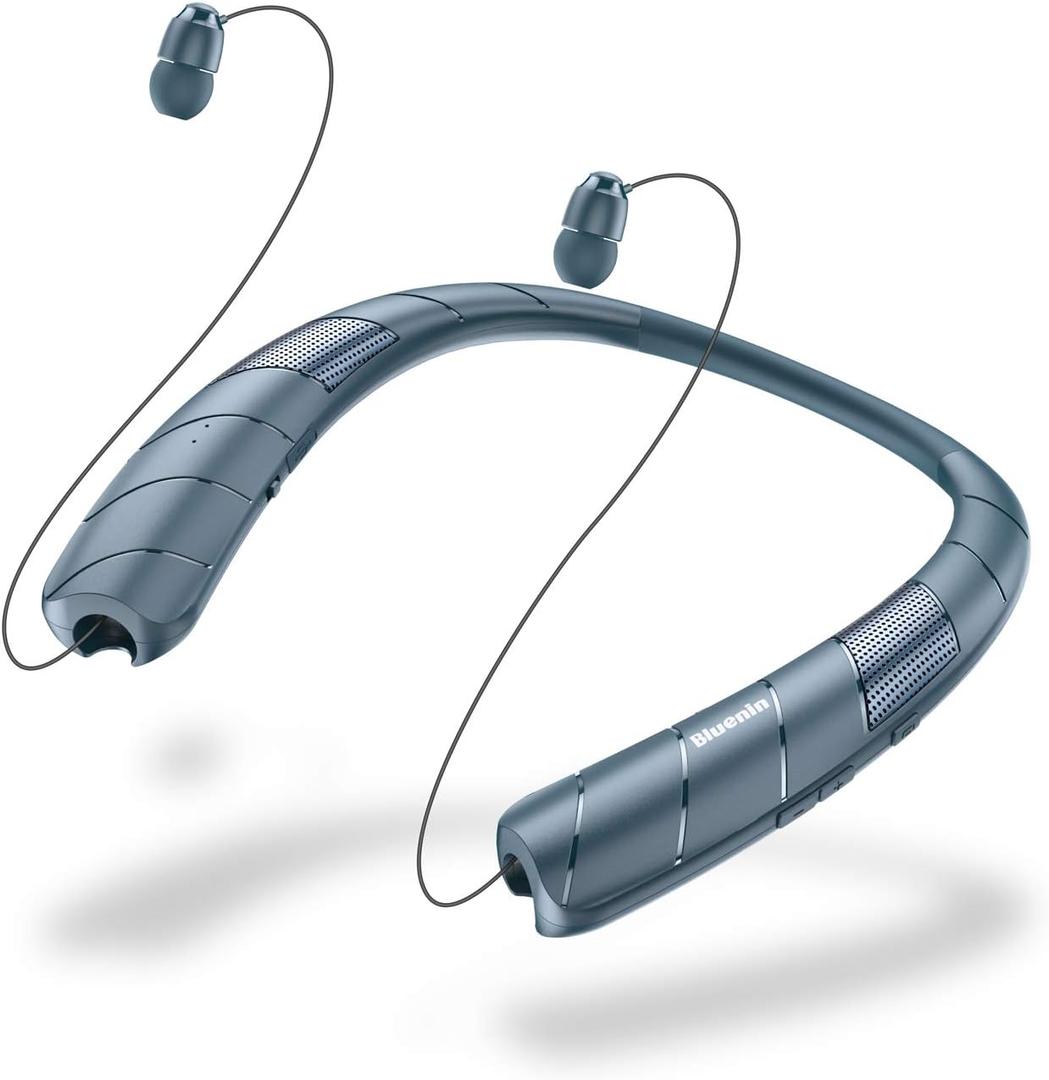 Neckband Bluetooth Headphones Speaker 2 in 1Wireless Wearable Speaker with Retractable Earbuds, 3D Stereo Sound, Portable Speaker and Headset w/Bulit in Mic for Home, Office and Outdoors
