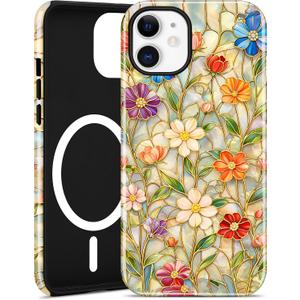 Compatible with MagSafe Flower Phone Case for iPhone 15 Pro, Cute Magnetic Stained Glass Floral Aesthetic Soft Shockproof Protective Phone Cover for Women Girls-Vibrant Flowers