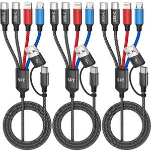 Travel 4 in 2 Charging Cable with Dual Type-C Port, USBA/C Multi Charging Cable Cords for Multiple Devices, Multiple Phone Charger Cord for iPhone17-8, Android, iPad, Car Accessories (3Packs 5FT)