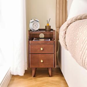 Narrow Walnut Wooden Nightstand with Drawer - 11.8" Small Solid Wood Bedside Table, Modern Dark End Table with Storage Open Shelf & Cable Hole for Bedroom Living Room, 15.7" D x 11.8" W x 19.7" H