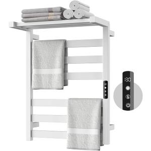 Tower Warmer Rack, 6 Bars Stainless Steel Wall Mounted Electric Heated Towel Rack for Bathroom, Built-in Timer, Hard-Wired & Plug in, Glossy Black (White)