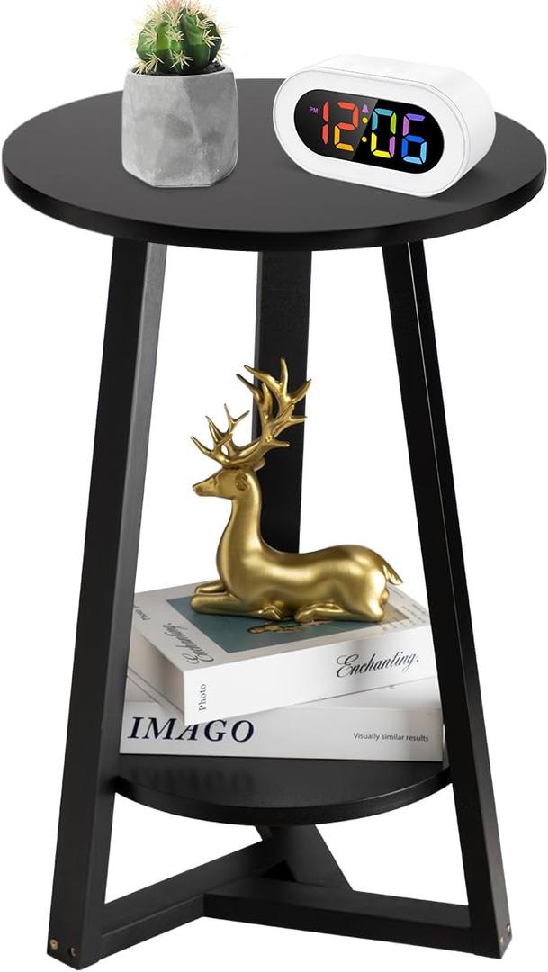 Hadulcet Black Side Table, Two-Tier Round End Table, Modern Small Side Table Living Room, Bedroom & Balcony, Black End Table with Storage Shelf with Solid Wooden Legs