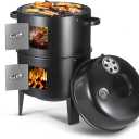 16.5 Inch Charcoal Smoker Grill with Thermometers and Air Vent, Multi-Layer Meat 3-in-1 Portable Vertical Smoker with 2 Access Doors Grill Smoker Black (16.5Inch)