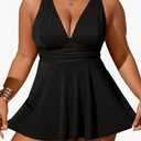 OYOANGLE Women's Plus Size Tankini Swimsuit 2 Piece Striped Textured V Neck Swim Dress Modest Bathing Suit, 2XL