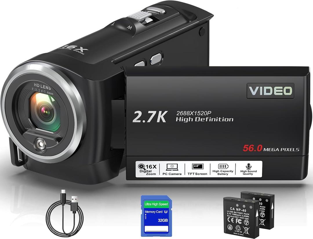 Video Camera Camcorder, QHD 2.7K 56MP 16X Digital Vlogging Camera with LED Fill Light for YouTube, 2.8'' 270 Rotation Screen Camcorder Camera with 32GB Card and Two Batteries (Black)