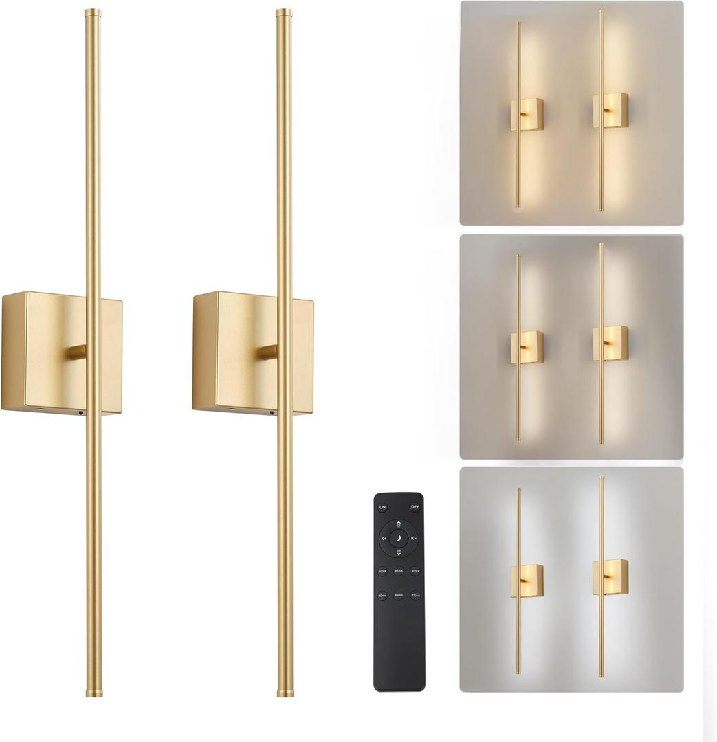 Removable Battery Operated Wall Sconces with Remote Control, Stepless Colors 3000K-6000K & Dimming, 350Rotate, LED Gold Wireless Wall Light for Living Room, Bedroom, 28.3 Inch (2 Pack)