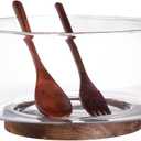 LiTY Large Glass Salad Bowl Set with Acacia Wood Base and Salad Serving Utensils, Salad Servers for Party, Fruits, Popcorn, Chips, Pasta, Kitchen Must-Have
