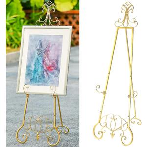 Gold Easel Stand for Sign, Adjustable Height Metal Easel Display Stand with Chain Support, Heavy Duty Easel for Sign, Wedding, Picture Frame, Mirror. (No Installation Required)