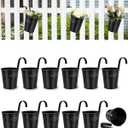 12 Pack Railing Planter for Outdoor Plants - 4 Inch Small Balcony Hanging Flower Pots with Detachable Hooks and Drain Holes Metal Oval Bucket Rail Box Fence Planters for Home Garden Decor, Black
