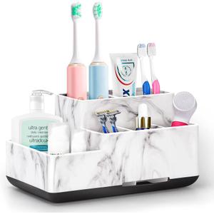 Toothbrush Holder,Bathroom Organizer Countertop, 5 Compartments Multifunctional Storage for Cosmetic, Makeup, Office Stationery Pencil,Toothpaste, Toothbrush,Ideal Gift for Home, Office (White-marble)