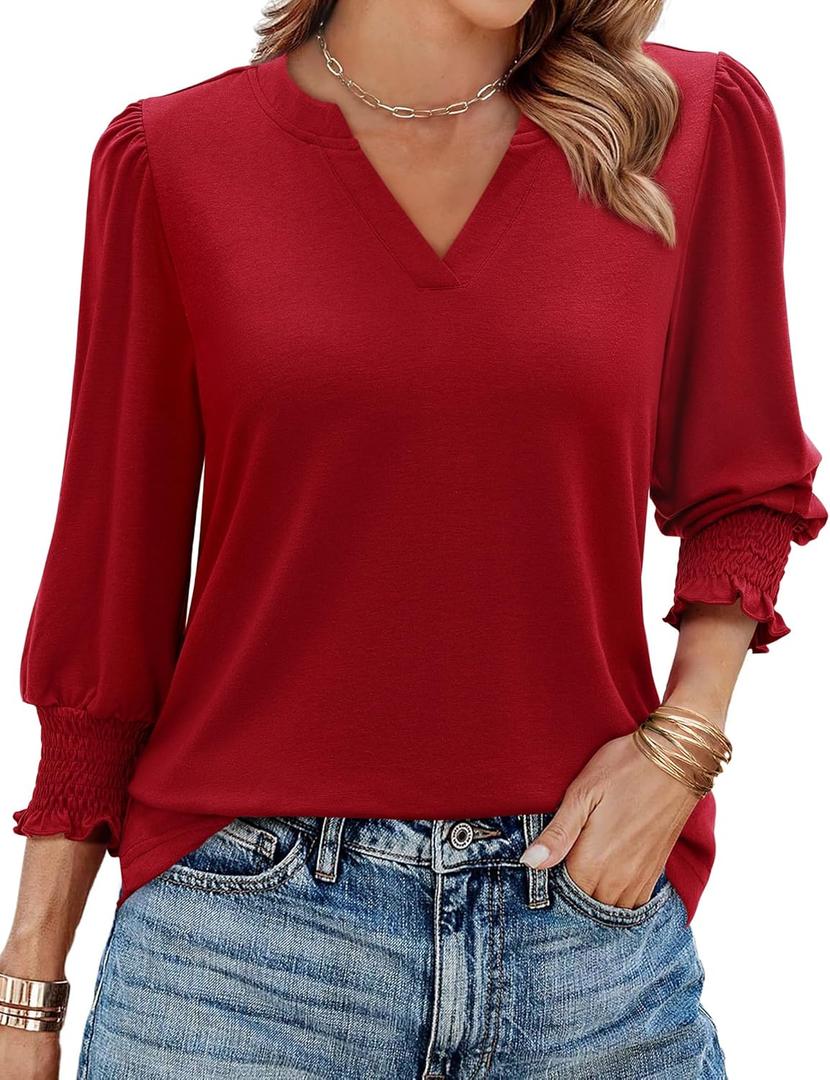 Uhiger Tunic Tops for Women 3/4 Length Sleeve Womens Tops V Neck Blouses Shirts Dressy Casual with Smocked Cuffs (Small, Red)