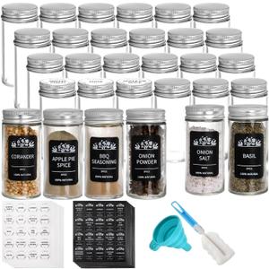 Tebery 30 Pack Round Spice Bottles Jars with Silver Lids, 3oz Empty Glass Spice Containers Shakers Complete Organizer Set Includes Shaker Lids, Wide Funnel, Labels and Cleaning Brush