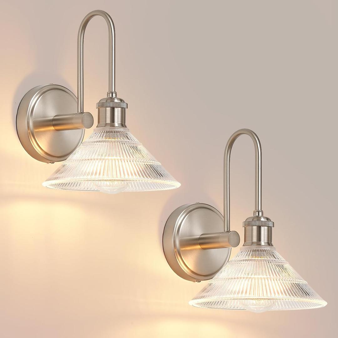 Wall Sconce Set of 2, Nickel Vintage Light Fixtures with Round Clear Glass Lampshade, Hardwired Sconces Wall Lighting for Bedroom, Bathroom, Living Room | Includes 2 LED Bulbs