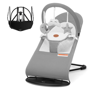 HKAI Baby Bouncer, Portable Baby Bouncer Seat for Babies 0-18 Months, 100% Cotton Fabrics, 3 Modes of use with Rocker and Stationary Options, Infant Rocker Chair with Hanging Toys-Dark Grey