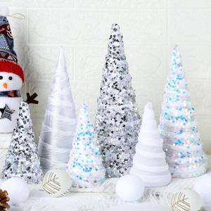 6 Pcs 12" 10" 6" Christmas Velvet Cone Tree Decoration White Silver Glitter Christmas Table Decor Xmas Snowy Farmhouse Trees Tiered Tray Ornament for Home Holiday Tabletop Tree Centerpiece Decor