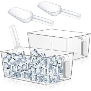 Havawish Ice Storage Bin and Flexible Scoop Set Plastic Freezer Bin with Pull out Handle Storage Bucket Clear for Container with Scoop (Gray, 10.83 x 7 x 4.33 in, Classic)