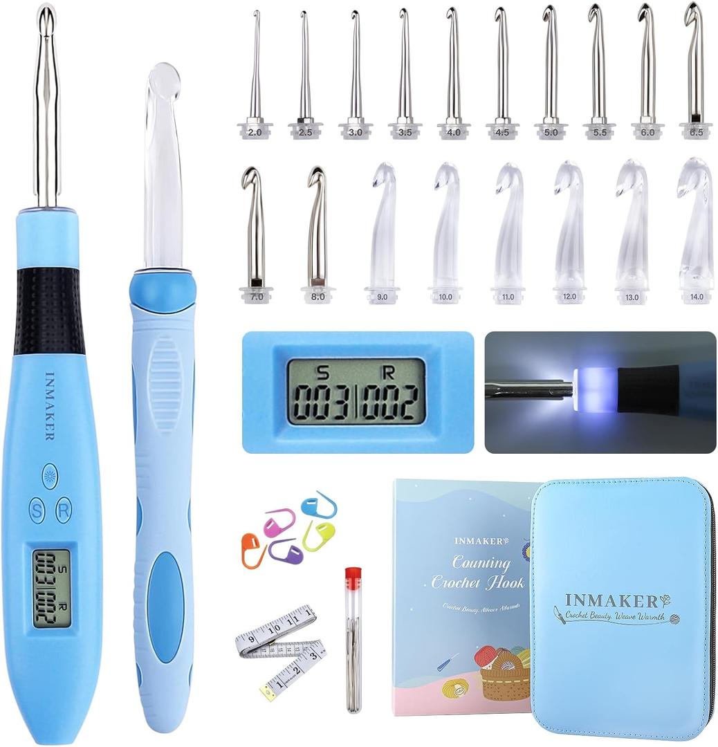 INMAKER Light up Crochet Hooks Ergonomic Soft Grip, Large Counting Crochet Hook Set Digital, Lighted Crochet Needles Kit with Case (Blue)