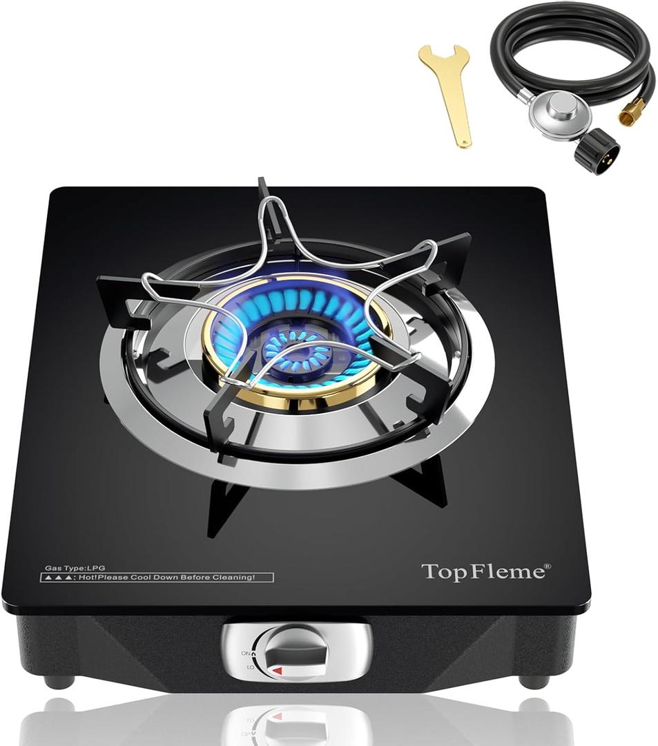 1 Burner Propane Stove 13,600 BTU High-Efficiency Tempered Glass Auto-Ignition Gas Burner Stove Top with CSA Hose for Outdoor RV Camping Emergency Cooking (Black)