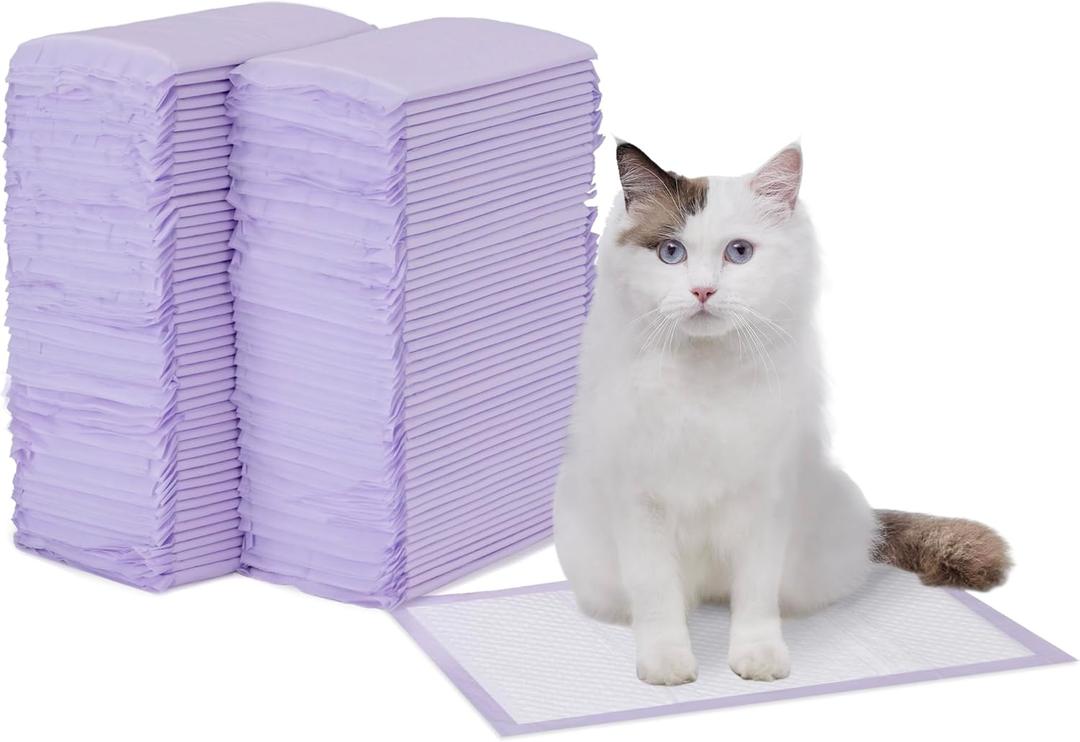 Amazon Basics Cat Pee Pads, Super Absorbent, Odor Control with Fresh Scent, Universal Fit for Litter Box, Multi Cat, Disposable, White/Purple, 100 Count (16.9 x 11.4Inch)
