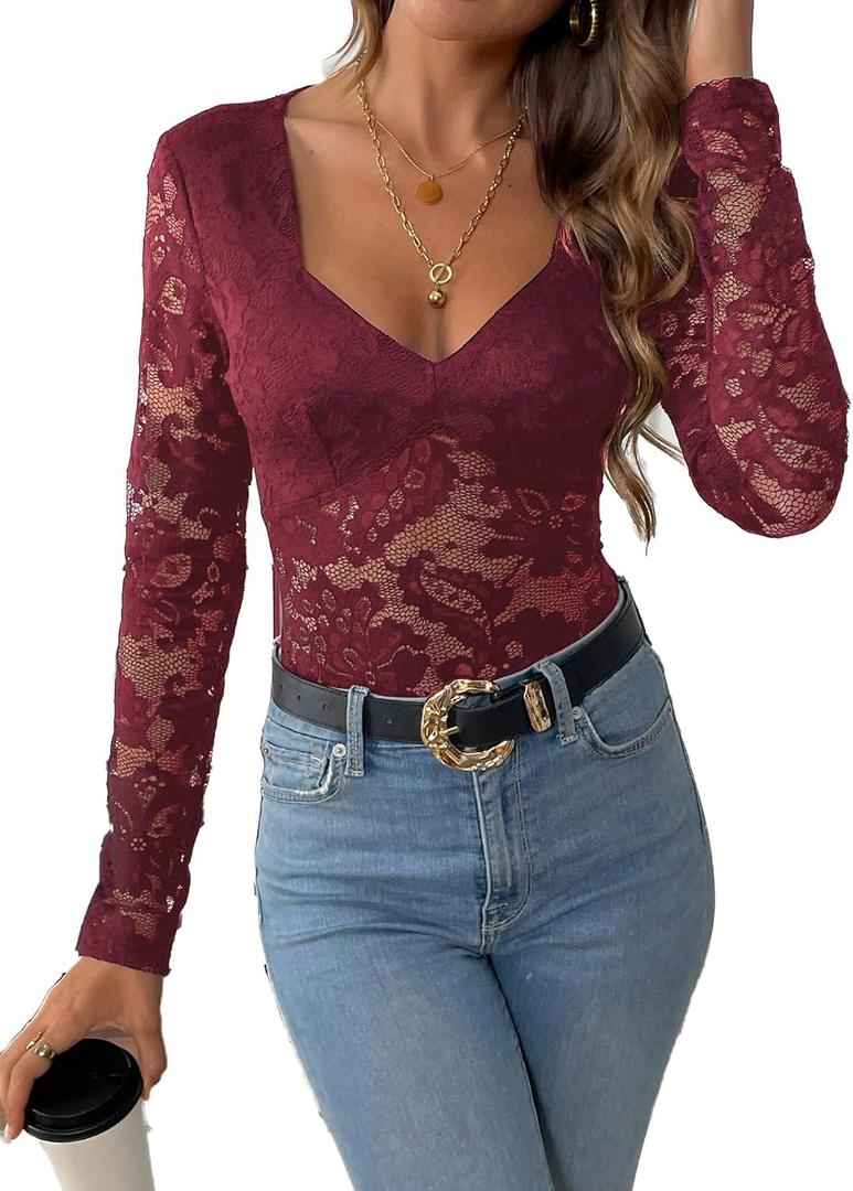 SweatyRocks Women's Sheer Floral Lace V Neck Bodysuit Long Sleeve Slim Fit Jumpsuits (Medium, Burgundy)
