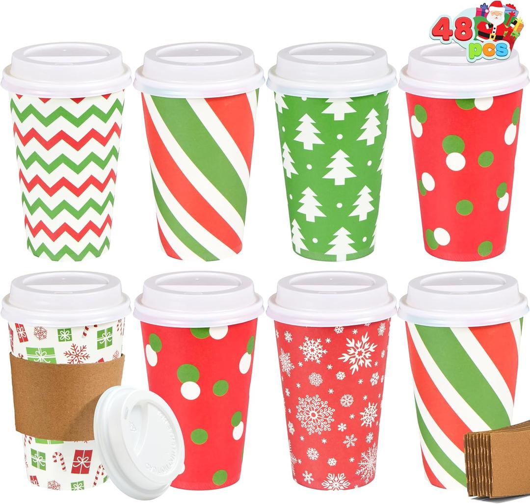 JOYIN 48 Pcs 16 oz Christmas Disposable Cups with Sleeves and Lids, 6 Designs Xmas Drinking Paper Cup For Hot Chocolate Coffee Cold Beverage Holiday Tableware Winter Party Supplies Favors