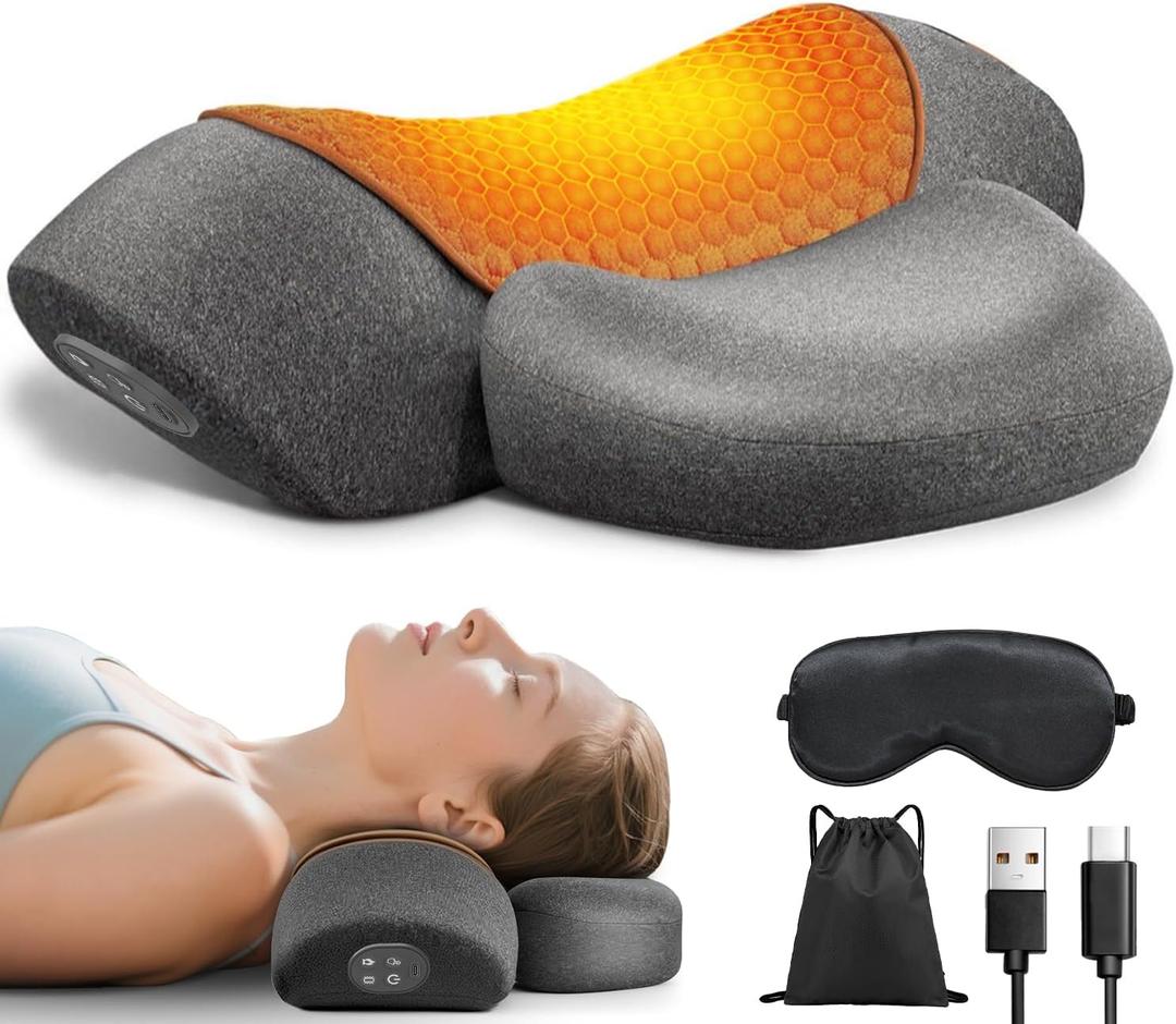 Upalled Cordless Heated Neck Massager Pillow for Pain Relief Deep Tissue, 3-in-1 Rechargeable Neck Cervical Traction Device with Heat, Massage, Electric Stretch, Ergonomic Neck Shoulder Relaxer, Grey