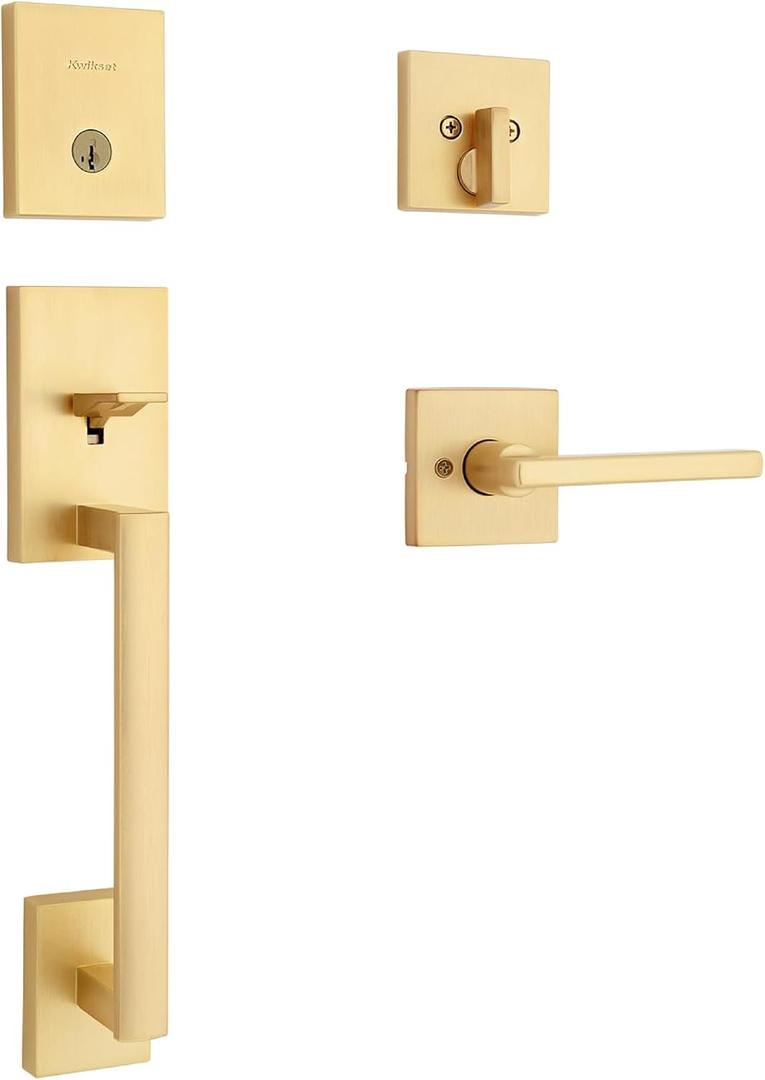 Kwikset San Clemente Front Door Lock Handle and Deadbolt Set, Entry Handleset Exterior with Interior Reversible Lever, Satin Brass, Pick Resistant SmartKey Deadbolt Security, with Microban Protection