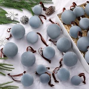PullCrease 40 Pcs Dusty Blue Velvet Christmas Balls Flocked Christmas Tree Hanging Ornaments Neutral Shatterproof Plastic Velvet Ball for Xmas Tree Decor