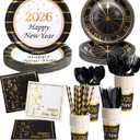 128PCS New Year Plates and Napkins Party Supplies - 2026 - Serves 16 Guests - Happy New Year Eve Plates, Napkins, Cups, Cutlery, Straws NY Party Decorations Favors
