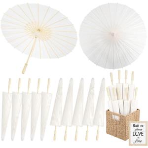 12 Pack Paper Umbrellas for Weddings 33.1 Inch White Paper Parasols for Guests with Woven Storage Basket and Photo Frame for Wedding Anniversary Parties Bridal Showers Party, 12pcs 33.1inch
