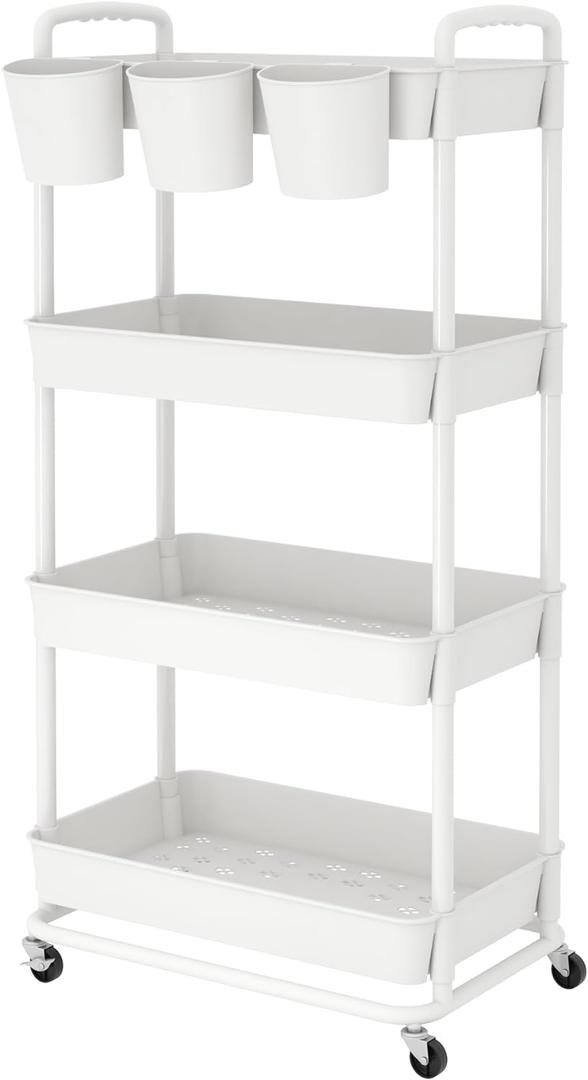JIUYOTREE 4-Tier Plastic Rolling Storage Cart Utility Cart with Extra Hanging Cups Handles Lockable Wheels for Living Room Bathroom Kitchen Office White