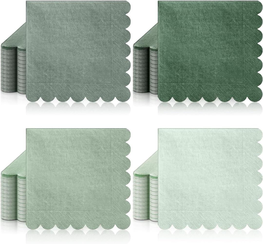 Zhanmai 100 Pack Cocktail Napkins 5 x 5 Inch Scalloped Napkins Beverage Gradient Color Paper with Scalloped Edges Thick Disposable Luncheon for Party Supplies (Sage Green)