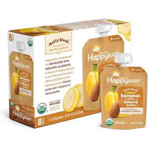Happy Baby Organics Nutty Blends, Banana & Almond Butter, 3 Ounce (Pack of 8) USDA Organic, 2 Pack, EXP: 02/Jun/2026