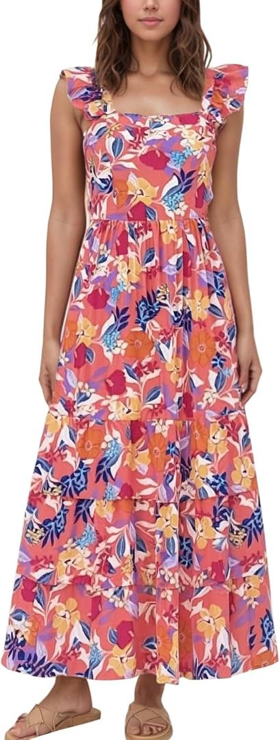 2025 Women's Summer Boho Floral Maxi Dress with Pockets - A-Line Smocked Tiered Ruffle Sleeveless Beach Sun Dress (Medium, Pink)