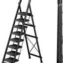 8 Step Ladder with Handrails, 330LBs Capacity Folding Step Stool with Anti-Slip Wide Pedals - Perfect for 12ft High Ceilings, Home Kitchen Pantry Office Use, Black