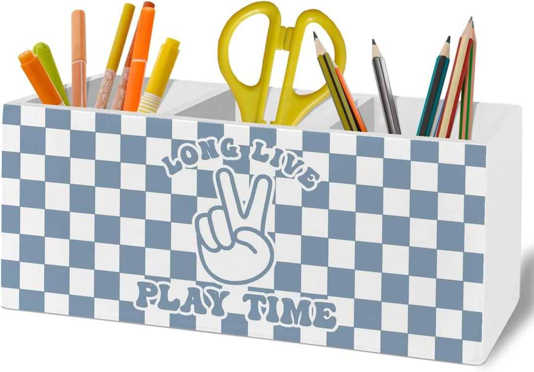 Blue Checkered Classroom Pen Pencil Holder Organizer for Desk Accessories, Trendy Preppy Long Live Play Time Wooden Box Sign Desk Decor for Kids Boys Room Bedroom Playroom Decoration