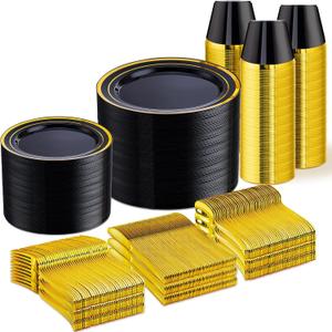WELLIFE 600 PCS Black and Gold Disposable Dinnerware Set for 100 Guests, Gold rimmed Plastic Dinner Plates,Salad Plates,Cups,Silverware Set for New Year Party Supplies