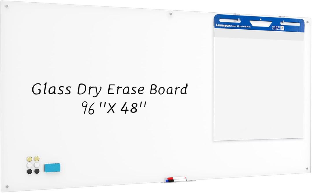 0.3mm Reinforced Metal Backing Glass White Board for Wall, 96" x 48" Extra Large Magnetic Pure White Tempered Glass Board with Frameless Design, 8' x 4' Dry Erase Board for Home, Office