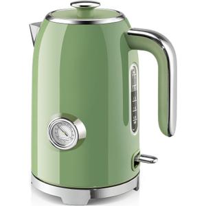 SUSTEAS Electric Kettle - 57oz Hot Tea Water Boiler with Thermometer, 1500W Fast Heating Stainless Steel Pot, Cordless LED Indicator, Auto Shut-Off & Boil Dry Protection, Retro Green