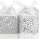COTOPHER 100Pcs Laser Cut Favor Boxes, 2x2x2.75in Small Gift Boxes for Presents, Party Wedding Favors Boxes with Ribbon, Mini Candy Boxes for Event Bridal Shower Anniversary Birthday Christmas, White