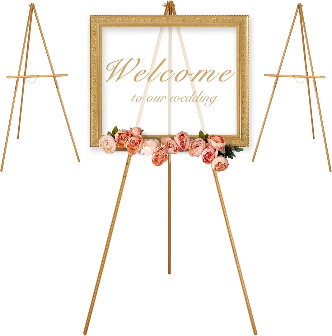 VISWIN 3Pcs 63" Gold Easel Stand for Wedding Signs, Adjustable Wooden Display Easel with Holder, Tripod Floor Easel for Welcome Board, Poster, Picture, Photos, Paintings