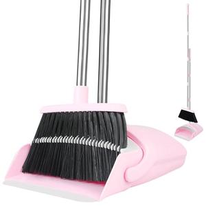 Broom and Dustpan Set, Broom Dustpan Combo Set for Home Commercial Cleaning Supplies Angle Broom with Long Handle Perfect for Courtyard Garage Street (Small-Pink)