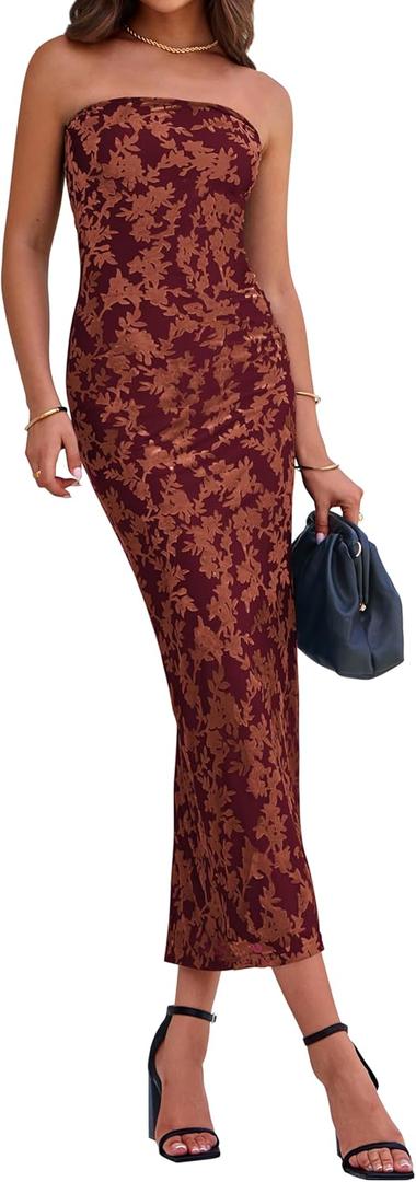 BTFBM Women Spring Dresses 2025 Elegant Wedding Guest Dresses Bodycon Tube Maxi Dress Split Floral Cocktail Dress (XL)