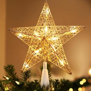 Brizled Silver Christmas Tree Topper, 9 Christmas Star Tree Topper with 10 Warm White Lights, Pre-lit Glittered Star Treetop, 120V UL Listed Lighted Xmas Treetop for Christmas Tree Home Decorations