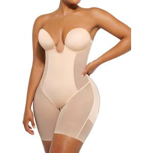 SHAPELLX Strapless Shapewear for Women Deep Plunge Corset Tummy Control Backless Bodysuit Mid Thigh Full Body Shaper (Beige, M)