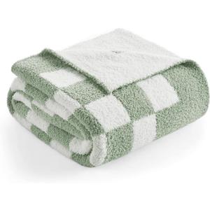 Snuggle Sac Checkered Throw Blanket for Couch, Super Soft, Cozy Warm Knit Blankets, Reversible Plaid Fluffy Throws for Sofa, Bed, Checkered Sage Green, 50x60 Inches