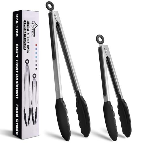 HOTEC Premium Stainless Steel Locking Kitchen Tongs with Silicon Tips, Set of 2-9" and 12"
