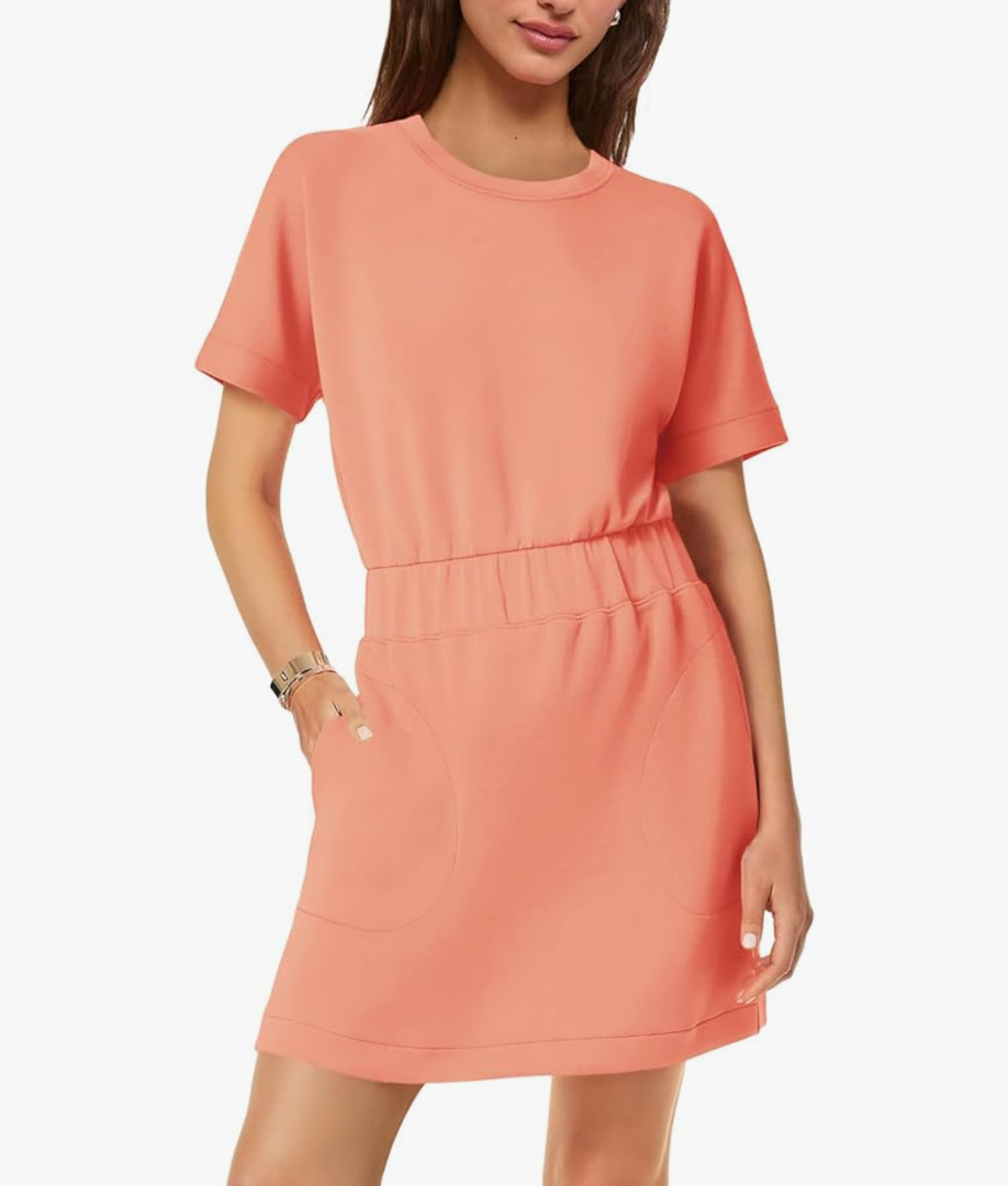 SENSERISE Womens Short Sleeve T Shirt Dresses Crew Neck Solid Color Basic Smocked Waist Dress with Pockets, Large